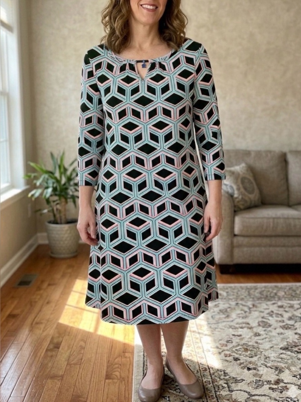 Kaari Blue Geometric Patterned Dress XS Black Pink Teal Retro Optical Cube Midi